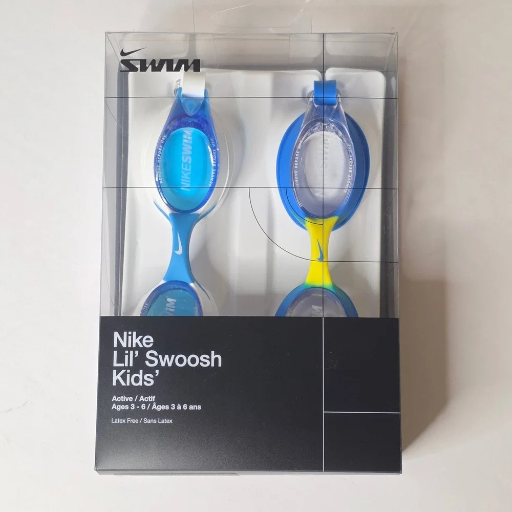 Nike Lil Swoosh Kids Swim Goggles Set of 2 Blue Yellow Ages 3-6 Adjustable NIB
